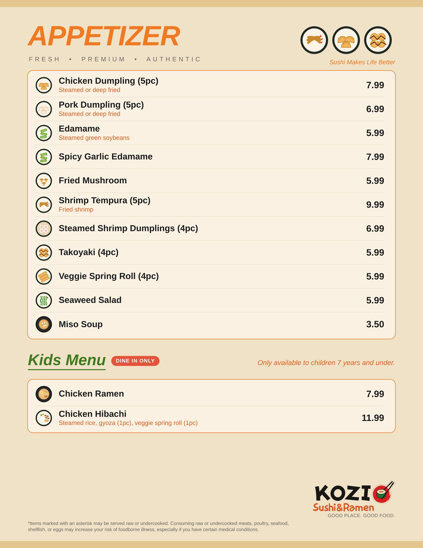 Appetizer and Kids menu page