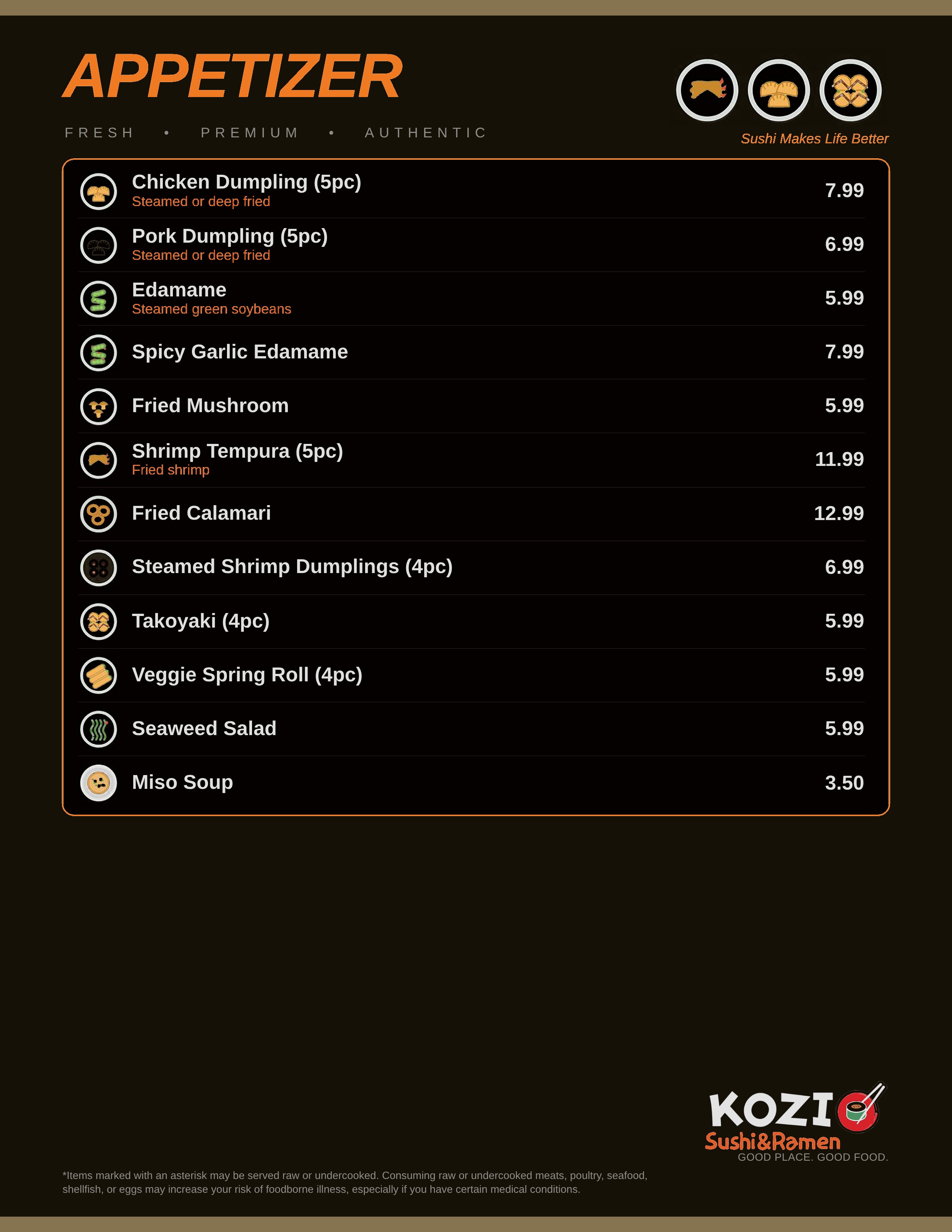 Appetizer menu page