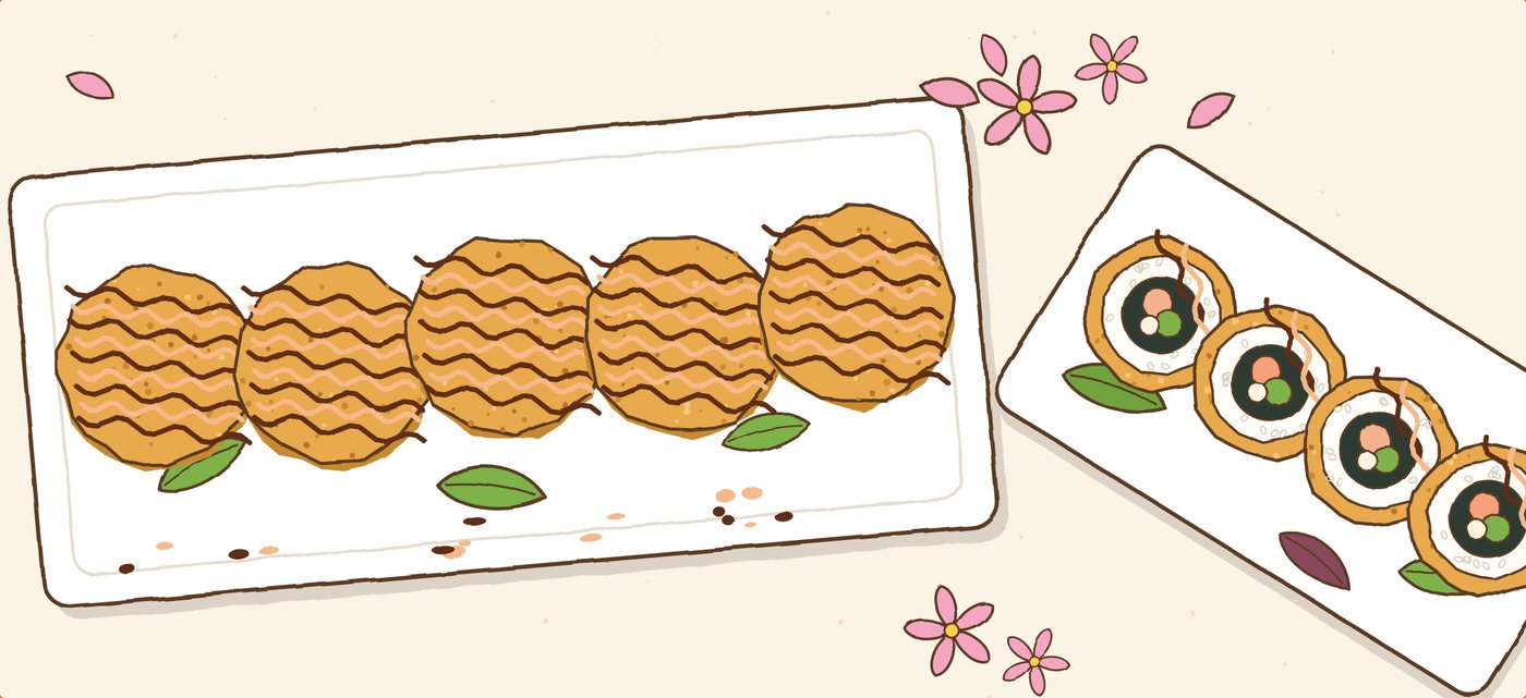 Hand-drawn deep fried rolls on white plates with cherry blossoms