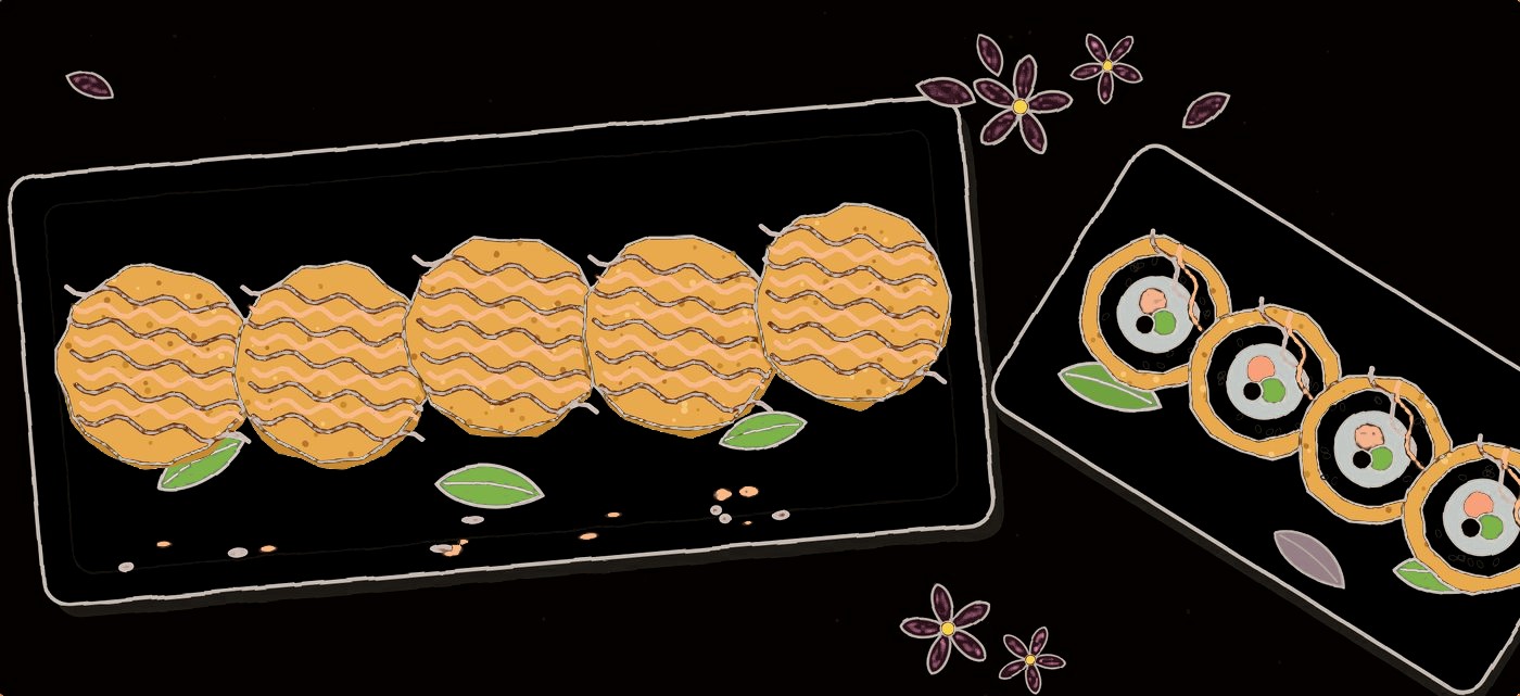 Hand-drawn deep fried rolls on white plates with cherry blossoms